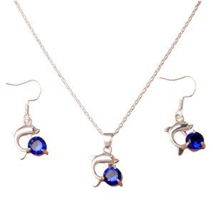 Silver Dolphin & Faux Sapphire Necklace Set NWOT